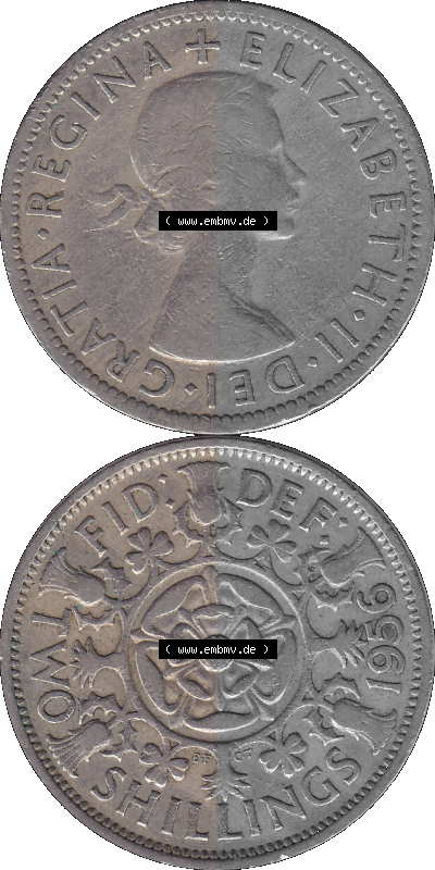 Alte Münze Großbritannien, Bild in Farbe bzw. Color PNG-Grafik, Umlaufmünze aus dem Zeitraum 1954-1970, 2 Schilling-Florin,... Sammlung