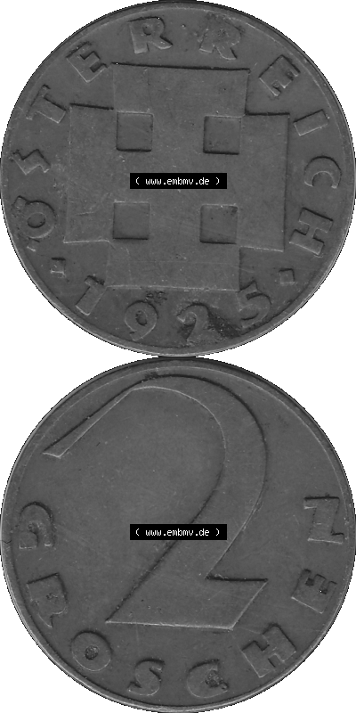 2 / Zwei Groschen Österreich in s/w Schwarzweiß bzw. Graustufen Farbgebung von Scanner transparenten PNG 1925-1938, 2 Zwei Groschen,... Sammlung