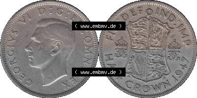 Alte Münze Großbritannien, Bild in Farbe bzw. Color PNG-Grafik 1947-1948, Halbe - 1/2 Krone, Half Crown 1947 (Stück 1), George... Sammlung
