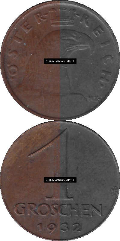 1 / Ein Groschen Österreich in original Farbgebung von Scanner transparenten PNG 1925-1938, 1-Ein Groschen, Adlerkopf mit Mauerkrone... Sammlung