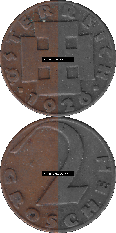 2 / Zwei Groschen Österreich in original Farbgebung von Scanner transparenten PNG 1925-1938, 2 Zwei Groschen, Krückenkreuz 1926... Sammlung