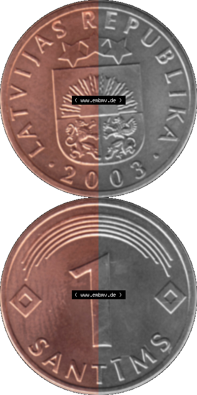 Lettland Umlaufmünze 1992-2008, 1 Santims 2003 (Stück 1), VS.: Staatswappen von Latvijas Republika, RS.: Wert-Zahl Sammlung