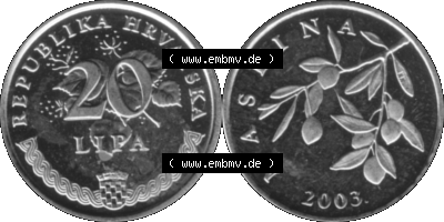 Kroatien Umlaufmünze 1993-2021, 20 Lipa 2003 (Stück 1) Graustufen Graustufen Sammlung