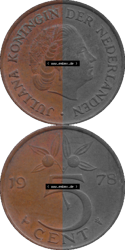 Alte Münze Niederlande in Farbe 1950-1980, 5 Cent Königin Juliana 1978, Nederland Sammlung