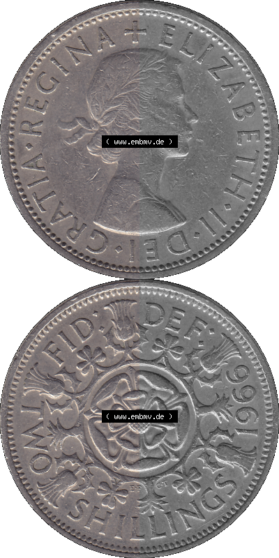Alte Münze Großbritannien, Bild in Farbe bzw. Color PNG-Grafik, Umlaufmünze aus dem Zeitraum 1954-1970, 2 Schilling-Florin,... Sammlung
