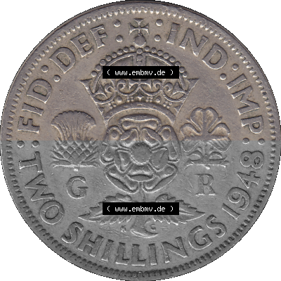 Alte Münze Großbritannien, Bild in Farbe bzw. Color PNG-Grafik, Umlaufmünze aus dem Zeitraum 1947-1948, 2 Schilling-Florin,... Sammlung