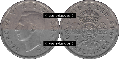 Alte Münze Großbritannien, Bild in Farbe bzw. Color PNG-Grafik, Umlaufmünze aus dem Zeitraum 1949-1951, 2 Schilling-Florin,... Sammlung