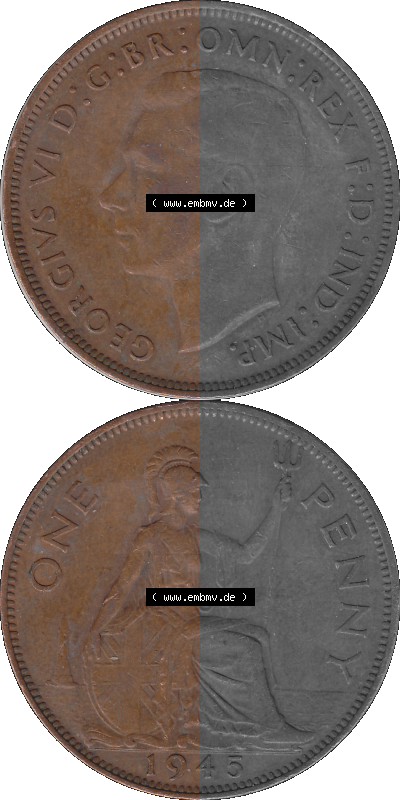 Großbritannien Umlaufmünze 1937-1948, 1 One Penny 1945 (Stück 1), George VI, GEORGIVS VI DGBROMNREX FDINDIMP. HP Sammlung
