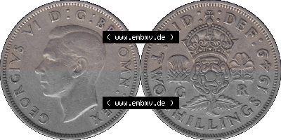 Alte Münze Großbritannien, Bild in Farbe bzw. Color PNG-Grafik, Umlaufmünze aus dem Zeitraum 1949-1951, 2 Schilling-Florin,... Sammlung