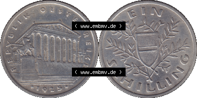 Österreich Ein - 1 Schilling 1925-1932, 1 Schilling 1925 (Stück 1) Silbermünze Parlamentsgebäude in Wien, Bindenschild 6 Gramm... Sammlung