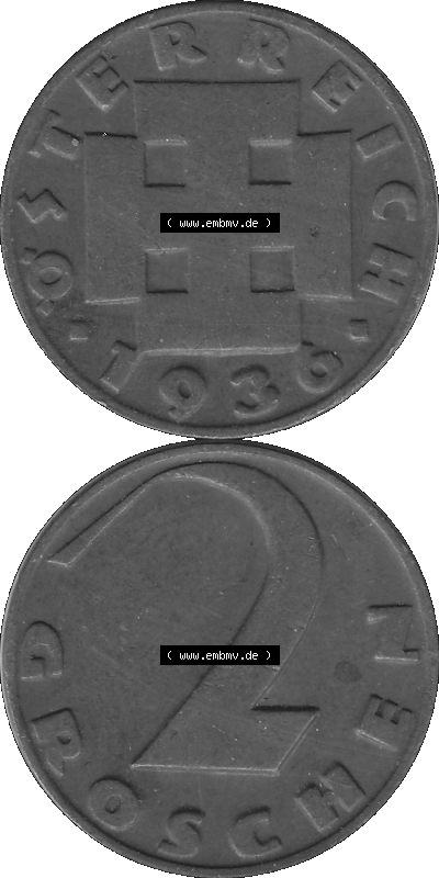 2 / Zwei Groschen Österreich in s/w Schwarzweiß bzw. Graustufen Farbgebung von Scanner transparenten PNG 1925-1938, 2 Zwei Groschen,... Sammlung
