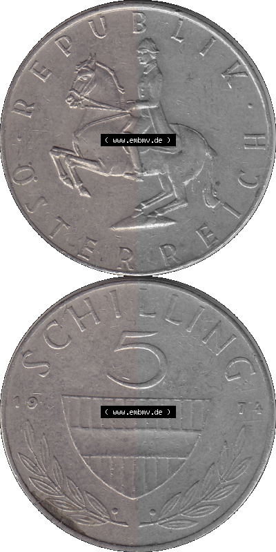 5 / Fünf Schilling Österreich in original Farbgebung von Scanner transparenten PNG 1968-2001, 5 Schilling 1974 (Stück 2), Reiter... Sammlung