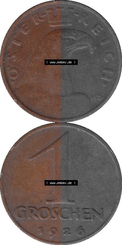 1 / Ein Groschen Österreich in original Farbgebung von Scanner transparenten PNG 1925-1938, 1-Ein Groschen, Adlerkopf mit Mauerkrone... Sammlung