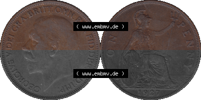 Großbritannien Umlaufmünze One Penny, 1 Pence 1927-1927, 1 One Penny, 1927 (Stück 1), George V, BM GEORGIVS V DEI GRABRITTOMNREX... Sammlung