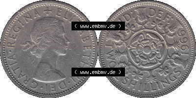 Alte Münze Großbritannien, Bild in Farbe bzw. Color PNG-Grafik, Umlaufmünze aus dem Zeitraum 1954-1970, 2 Schilling-Florin,... Sammlung