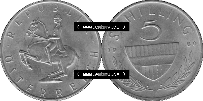 5 / Fünf Schilling Österreich in s/w Schwarzweiß bzw. Graustufen Farbgebung von Scanner transparenten PNG 1968-2001, 5 Schilling... Sammlung