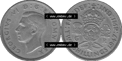 Alte Münze Großbritannien, Bild in s/w bzw. Graustufen PNG-Grafik, Umlaufmünze aus dem Zeitraum 1947-1948, 2 Schilling-Florin,... Sammlung
