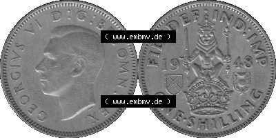 Alte Münze Großbritannien, Bild in s/w bzw. Graustufen PNG-Grafik 1947-1948, 1 One Schilling - One Shilling, 1948 (Stück 1)... Sammlung