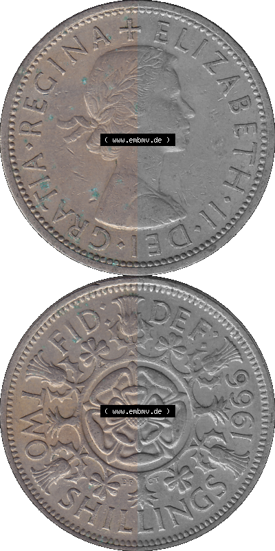 Alte Münze Großbritannien, Bild in Farbe bzw. Color PNG-Grafik, Umlaufmünze aus dem Zeitraum 1954-1970, 2 Schilling-Florin,... Sammlung