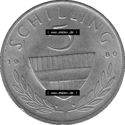 5 / Fünf Schilling Österreich in s/w Schwarzweiß bzw. Graustufen Farbgebung von Scanner transparenten PNG 1968-2001, 5 Schilling... Sammlung