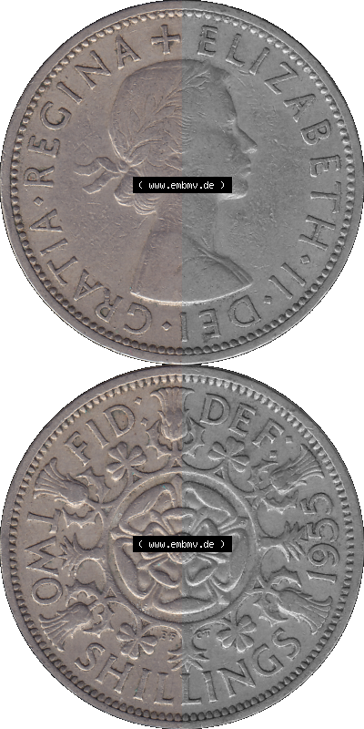 Alte Münze Großbritannien, Bild in Farbe bzw. Color PNG-Grafik, Umlaufmünze aus dem Zeitraum 1954-1970, 2 Schilling-Florin,... Sammlung