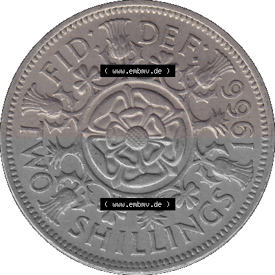 Alte Münze Großbritannien, Bild in Farbe bzw. Color PNG-Grafik, Umlaufmünze aus dem Zeitraum 1954-1970, 2 Schilling-Florin,... Sammlung