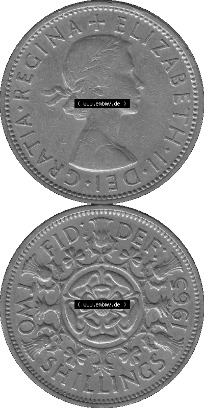 Alte Münze Großbritannien, Bild in s/w bzw. Graustufen PNG-Grafik, Umlaufmünze aus dem Zeitraum 1954-1970, 2 Schilling-Florin,... Sammlung