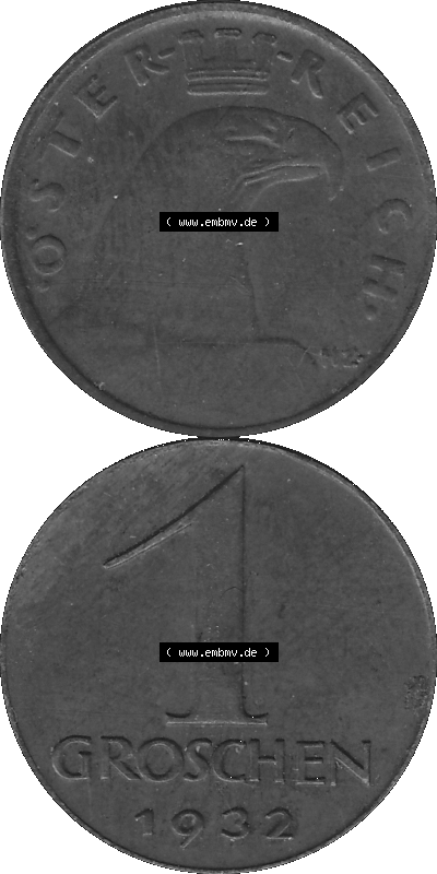 1 / Ein Groschen Österreich in s/w Schwarzweiß bzw. Graustufen Farbgebung von Scanner transparenten PNG 1925-1938, 1-Ein Groschen,... Sammlung