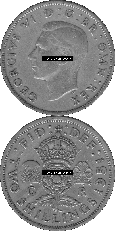 Alte Münze Großbritannien, Bild in s/w bzw. Graustufen PNG-Grafik, Umlaufmünze aus dem Zeitraum 1949-1951, 2 Schilling-Florin,... Sammlung