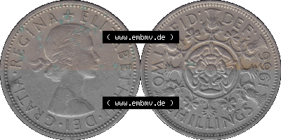 Alte Münze Großbritannien, Bild in Farbe bzw. Color PNG-Grafik, Umlaufmünze aus dem Zeitraum 1954-1970, 2 Schilling-Florin,... Sammlung
