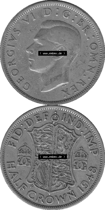 Alte Münze Großbritannien, Bild in s/w bzw. Graustufen PNG-Grafik 1947-1948, Halbe - 1/2 Krone, Half Crown 1948 (Stück 1),... Sammlung