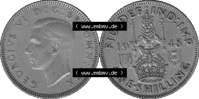 Alte Münze Großbritannien, Bild in s/w bzw. Graustufen PNG-Grafik 1947-1948, 1 One Schilling - One Shilling, 1948 (Stück 3)... Sammlung