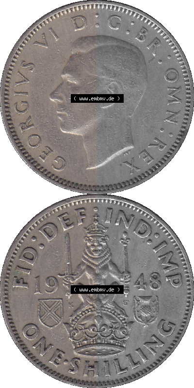 Alte Münze Großbritannien, Bild in Farbe bzw. Color PNG-Grafik 1947-1948, 1 One Schilling - One Shilling, 1948 (Stück 1) Sitzender... Sammlung