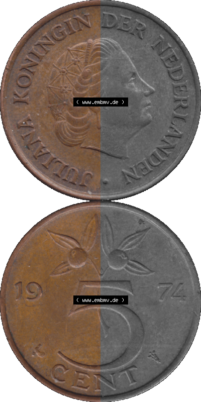 Alte Münze Niederlande in Farbe 1950-1980, 5 Cent Königin Juliana 1974, Nederland Sammlung