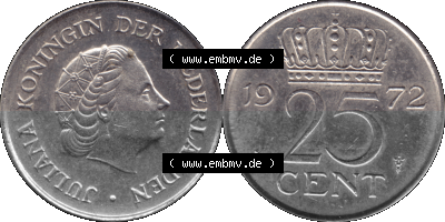 Alte Münze Niederlande in Farbe 1950-1980, 25 Cent Königin Juliana 1972, Fünfundzwanzig Cent Sammlung