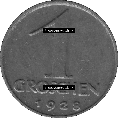 1 / Ein Groschen Österreich in s/w Schwarzweiß bzw. Graustufen Farbgebung von Scanner transparenten PNG 1925-1938, 1-Ein Groschen,... Sammlung