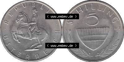 5 / Fünf Schilling Österreich in original Farbgebung von Scanner transparenten PNG 1968-2001, 5 Schilling 1987 (Stück 2), Reiter... Sammlung