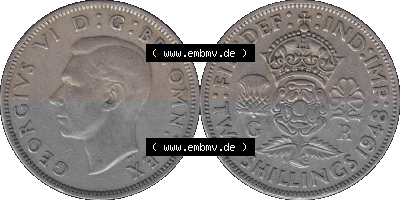 Alte Münze Großbritannien, Bild in Farbe bzw. Color PNG-Grafik, Umlaufmünze aus dem Zeitraum 1947-1948, 2 Schilling-Florin,... Sammlung