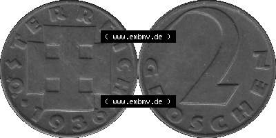 2 / Zwei Groschen Österreich in s/w Schwarzweiß bzw. Graustufen Farbgebung von Scanner transparenten PNG 1925-1938, 2 Zwei Groschen,... Sammlung