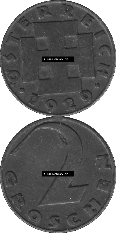 2 / Zwei Groschen Österreich in s/w Schwarzweiß bzw. Graustufen Farbgebung von Scanner transparenten PNG 1925-1938, 2 Zwei Groschen,... Sammlung