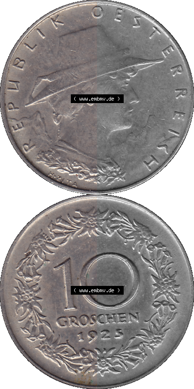 10 / Zehn Groschen Österreich in original Farbgebung von Scanner transparenten PNG 1925-1929, 10 Groschen 1925 (Stück 1), VS... Sammlung