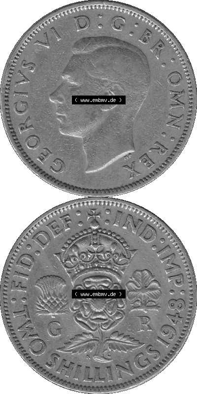 Alte Münze Großbritannien, Bild in s/w bzw. Graustufen PNG-Grafik, Umlaufmünze aus dem Zeitraum 1947-1948, 2 Schilling-Florin,... Sammlung