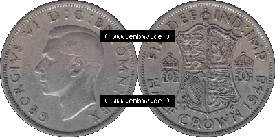 Alte Münze Großbritannien, Bild in Farbe bzw. Color PNG-Grafik 1947-1948, Halbe - 1/2 Krone, Half Crown 1948 (Stück 2) , George... Sammlung