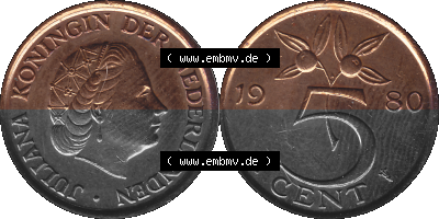 Alte Münze Niederlande in Farbe 1950-1980, 5 Cent Königin Juliana 1980, Nederland Sammlung