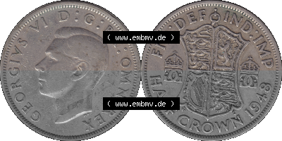 Alte Münze Großbritannien, Bild in Farbe bzw. Color PNG-Grafik 1947-1948, Halbe - 1/2 Krone, Half Crown 1948 (Stück 1), George... Sammlung