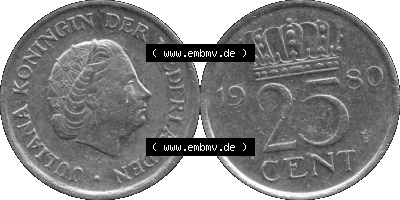 Alte Münze Niederlande in Grau 1950-1980, 25 Cent Königin Juliana 1980 (Stück 1) Graustufen, Fünfundzwanzig Cent Sammlung