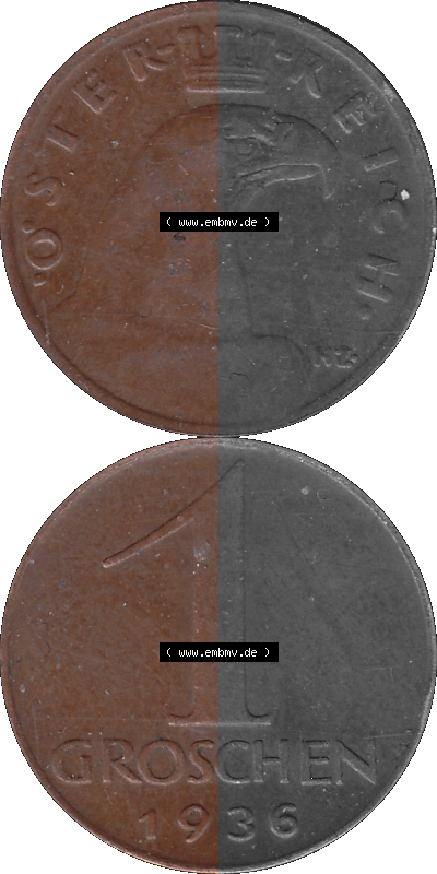 1 / Ein Groschen Österreich in original Farbgebung von Scanner transparenten PNG 1925-1938, 1-Ein Groschen, Adlerkopf mit Mauerkrone... Sammlung