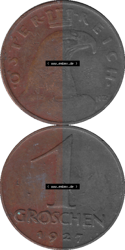 1 / Ein Groschen Österreich in original Farbgebung von Scanner transparenten PNG 1925-1938, 1-Ein Groschen, Adlerkopf mit Mauerkrone... Sammlung