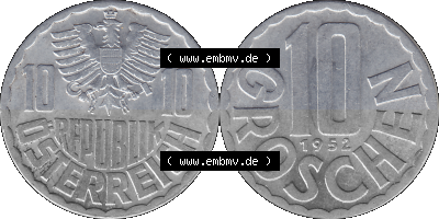 10 / Zehn Groschen Österreich in original Farbgebung von Scanner transparenten PNG 1951-2001, 10 Groschen 1952 (Stück 3) Sammlung