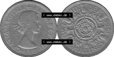 Alte Münze Großbritannien, Bild in s/w bzw. Graustufen PNG-Grafik, Umlaufmünze aus dem Zeitraum 1954-1970, 2 Schilling-Florin,... Sammlung